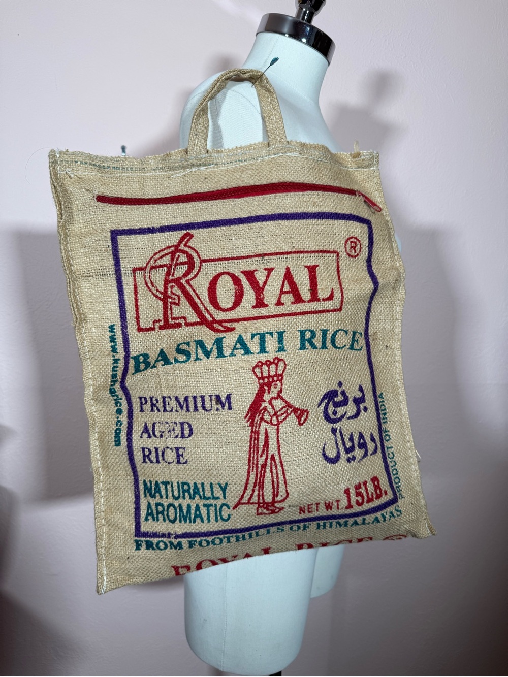 Vintage royal rice bag jute burlap zip top up cycled reusable bag